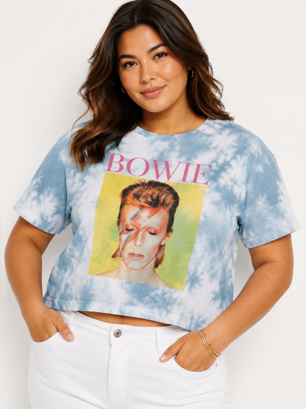 David Bowie Aladdin Sane Crop Top T-Shirt Women’s Small Blue Tie Dye Licensed